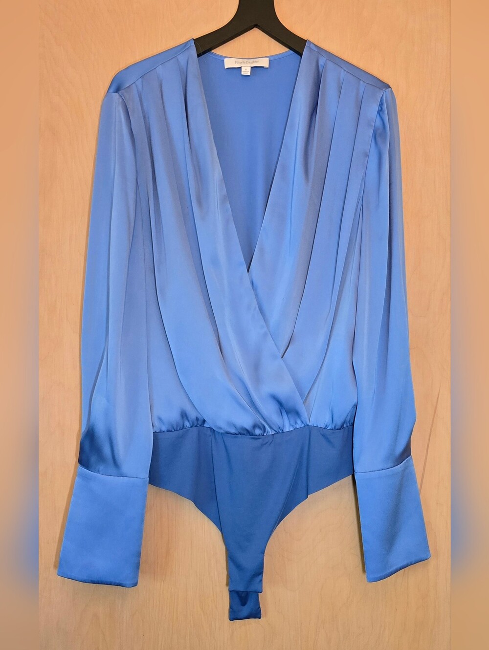 Favorite Daughter The Date Blouse Bodysuit Provence Blue Satin Pleated Top FLAWS